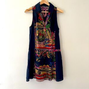 Anthropologie 100% Silk Shirt Dress Mini Shift Size 0 Navy Colorful Classic